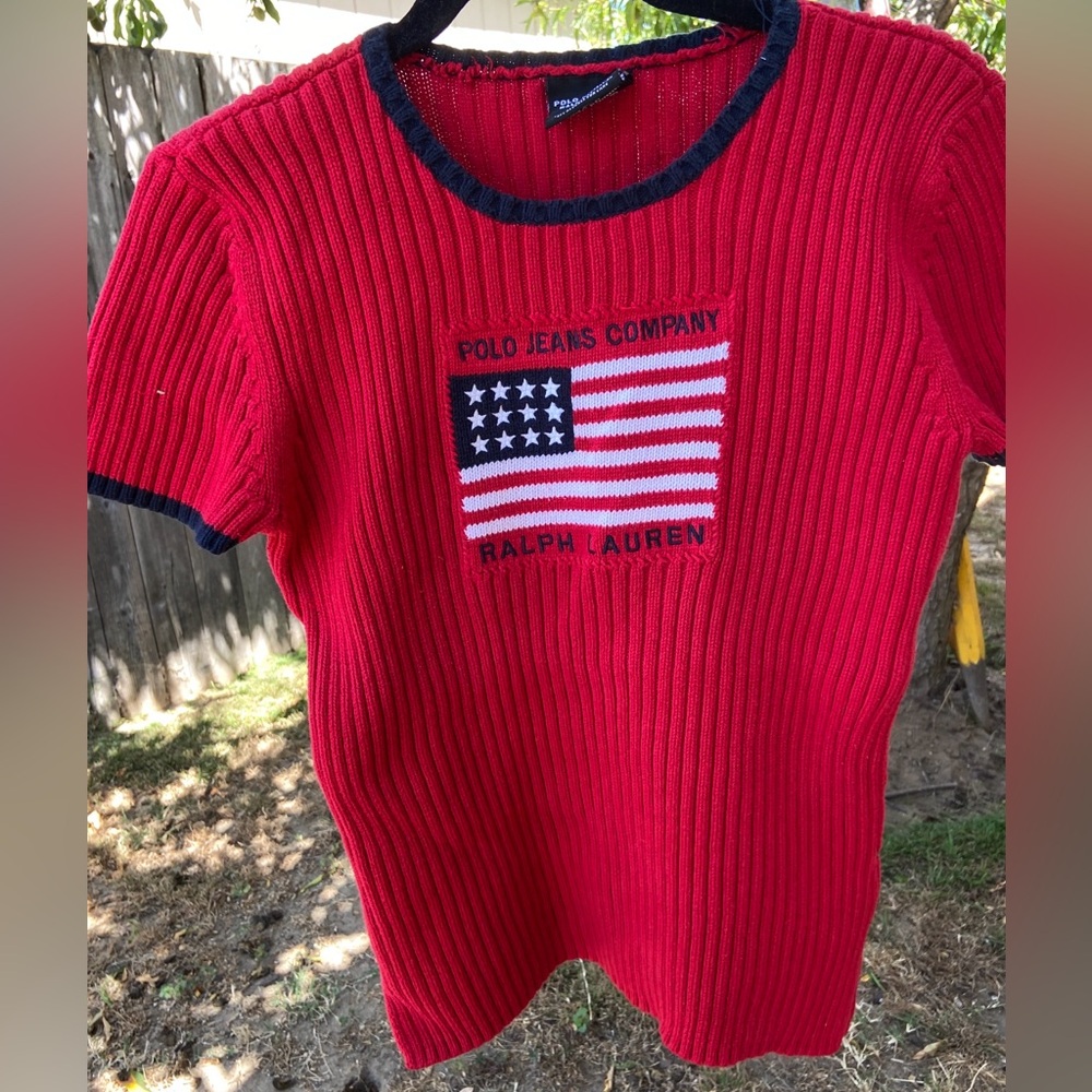 Vintage Ralph Lauren Red Short Sleeve Tee with American Flag